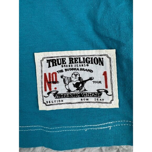 True Religion Womens S Teal Ombre V-Neck Graphic Tee Cotton Casual Style Sequenc - Picture 7 of 11